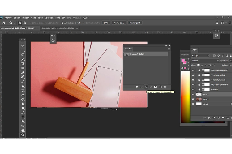 mesa de trabajo en Adobe Photoshop para la creacion de mockups seccion trazado