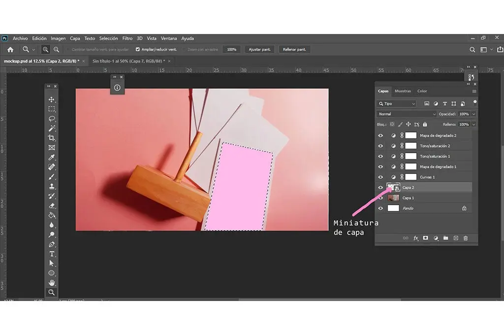 mesa de trabajo en Adobe Photoshop para la creacion de mockups creacion de capas