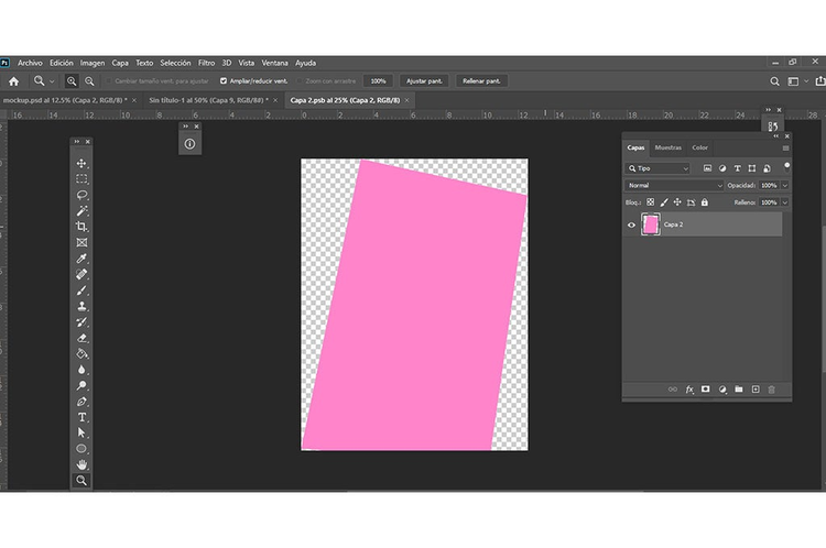 mesa de trabajo en Adobe Photoshop para la creacion de mockups capa de objeto rectangular de color rosa