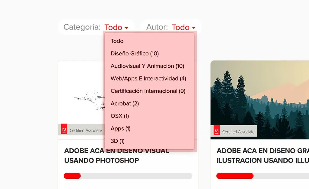 En Adobe Educa puedes seleccionar la categoría que desees aprender.
