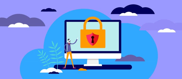 ilustracion de un computador con un candando indicando ciberseguridad