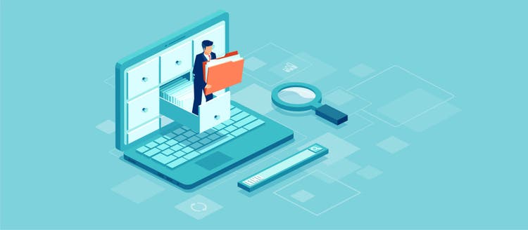 ilustracion de un computador portatil con un joven sobresaliendo de su pantalla cargando una carpeta de archivos