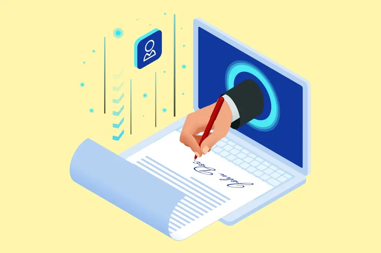 Ilustracion de una mano firmando un documento digital, herramientas para escanear desde el celular