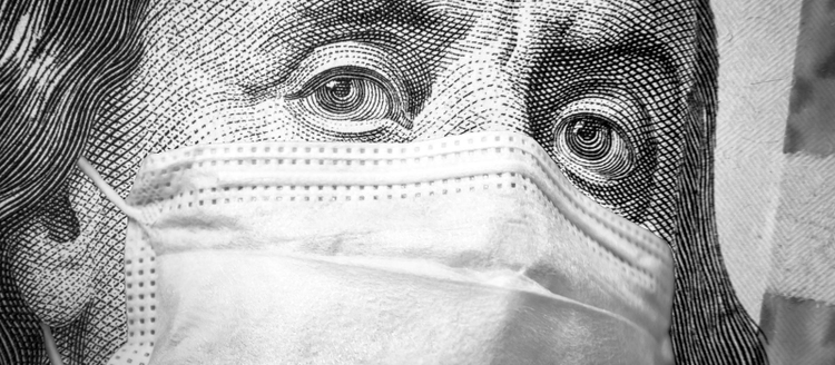 ilustracion de un dolar y el rostro de Benjamin Franklin con una mascarilla