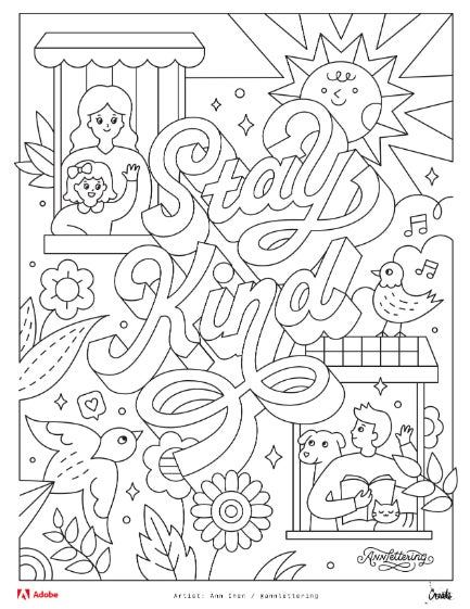 ilustracion para colorear de una madre y su hija en el borde de una ventana al lado de ellas un letrero de stay kind debajo un joven en una ventana con su mascota detras de el