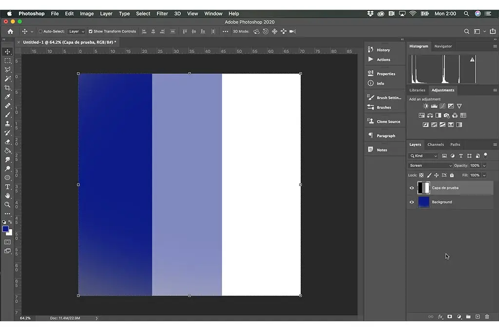 modo trama en Photoshop en ejecucion 3 barras de color azul oscuro azul claro y blanco