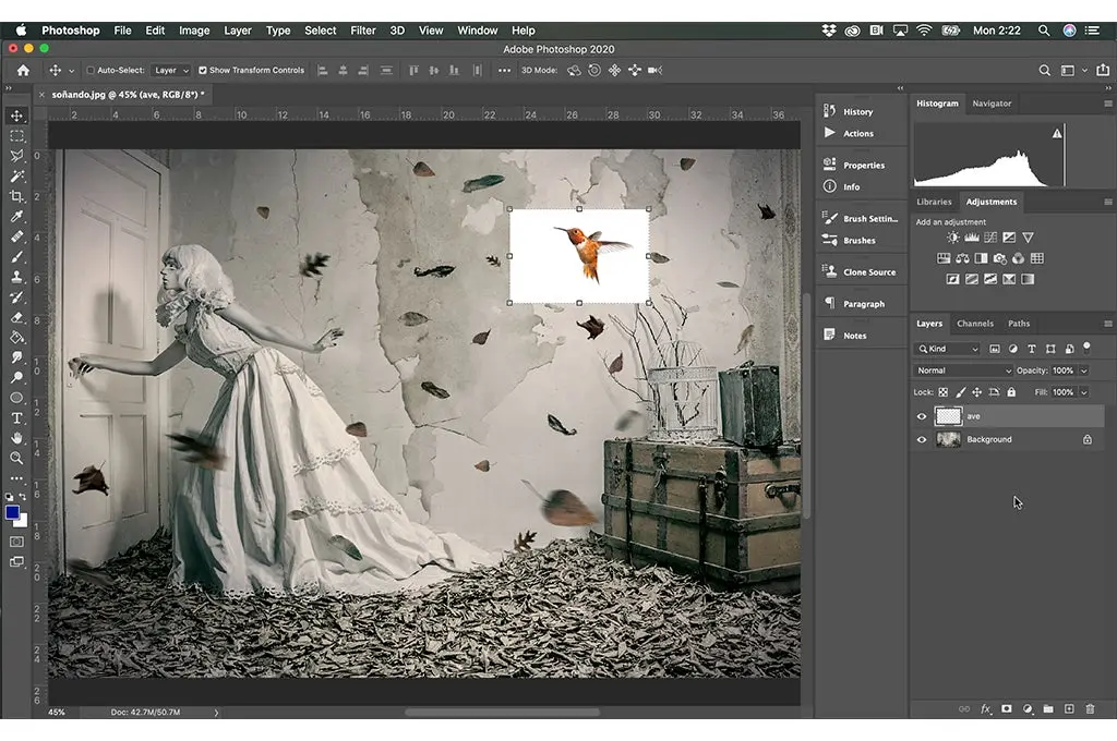 mujer en un cuarto lleno de hojas de arboles en el suelo intentando abrir una puerta añadir elementos en Photoshop