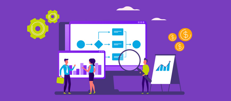 ilustracion de tres trabajadores analizando graficas de como aumentar su productividad empresarial con document cloud