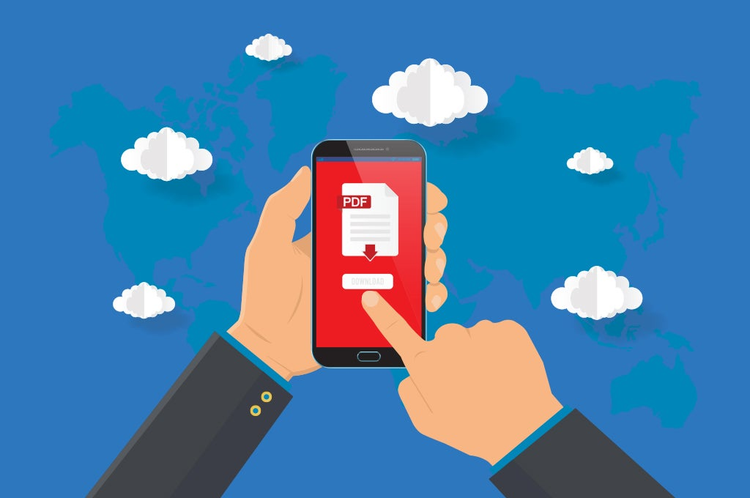 ilustracion de manos humanas sosteniendo un telefono celular creando archivos PDF para firmas con Adobe Sign
