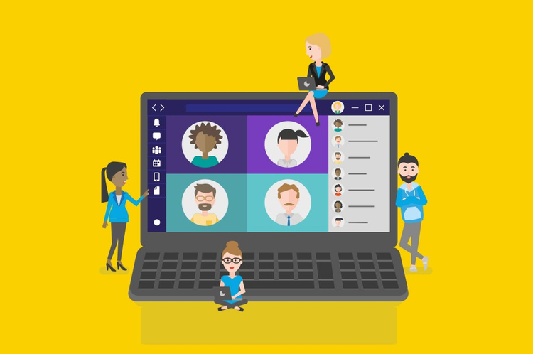 ilustracion de cuatro personas al rededor de un computador gigante gestionando sus documentos con Microsoft Teams