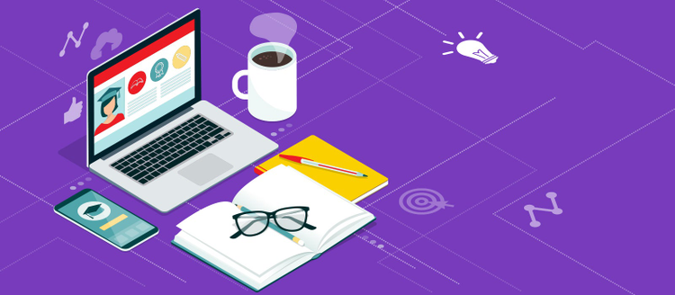 ilustracion del lugar de trabajo de un profesor para crear contenido virtual educativo, conformado por un computador portatil, telefono celular, libro de notas y un cafe