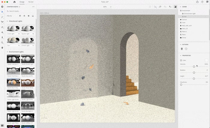 realce de la iluminacion para el render de un muro con hojas volando delante de el y detras unas escaleras