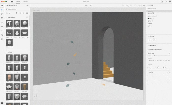 iluminacion del render de un muro con hojas volando delante de el y detras unas escaleras