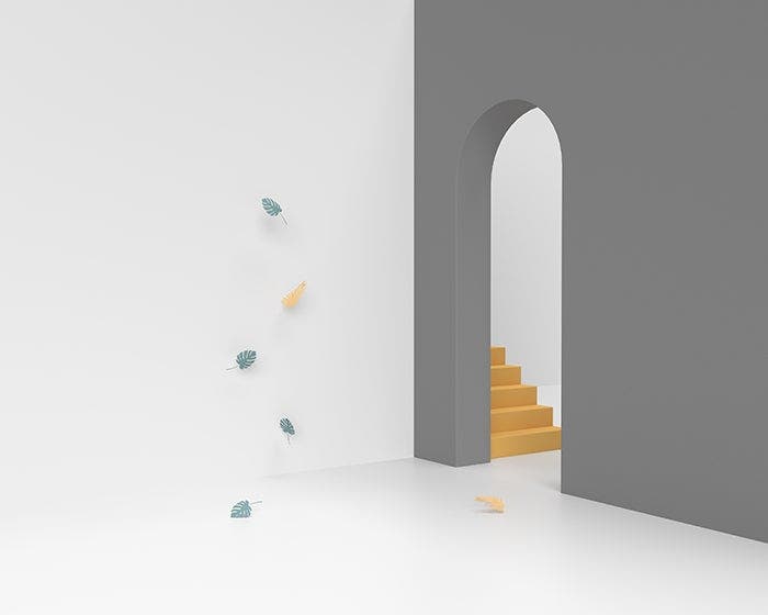render de un muro con hojas volando delante de el y detras unas escaleras
