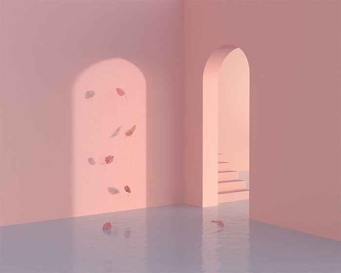 resultado final del render de un muro con un marco a uno de sus lados que conduce a unas escaleras, frente al muro hojas volando