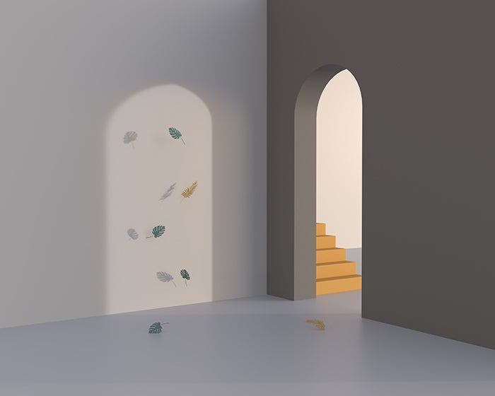 ilustracion 3d de un muro color gris con un marco que conduce a unas escaleras frente al muro hojas volando