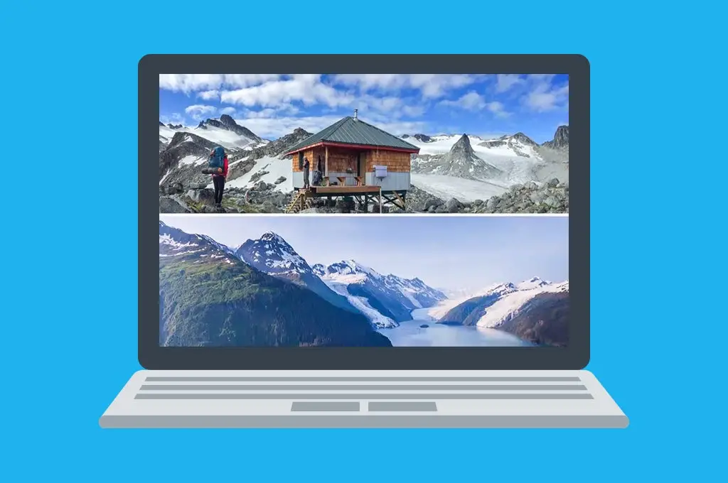 Laptop abierta con dos imagenes en su escritorio la pirmera con una casa en las montañas la segunda imagen con montañas y atraves de ellas un rio 