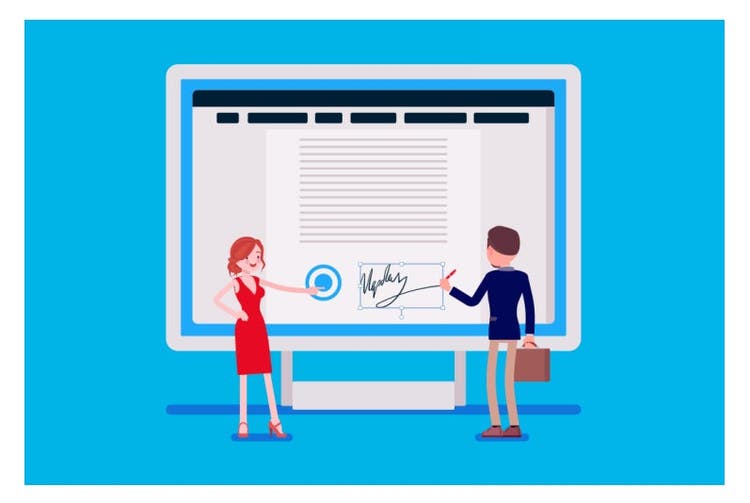 ilustracion de una pantalla con dos personas frente de ella firmando un documento digital