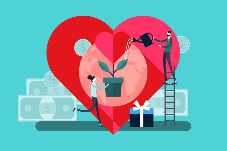 ilustracion de dos personas regando una planta en forma de corazon
