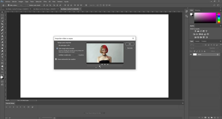 Interfaz photoshop, controles de recorte para crear un gif animado 