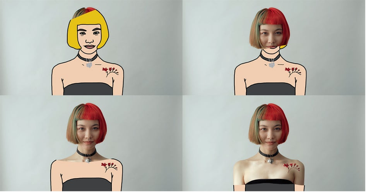 Cuatro fotografias de una joven con diferentes ilustraciones en su cuerpo y rostro para crear un gif animado