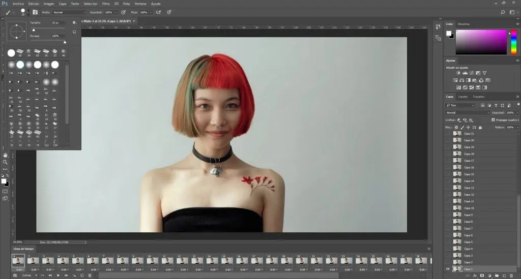 Fotografia de una joven soriente con el cabello de dos colores, Selecion de tipos de brush en photoshop