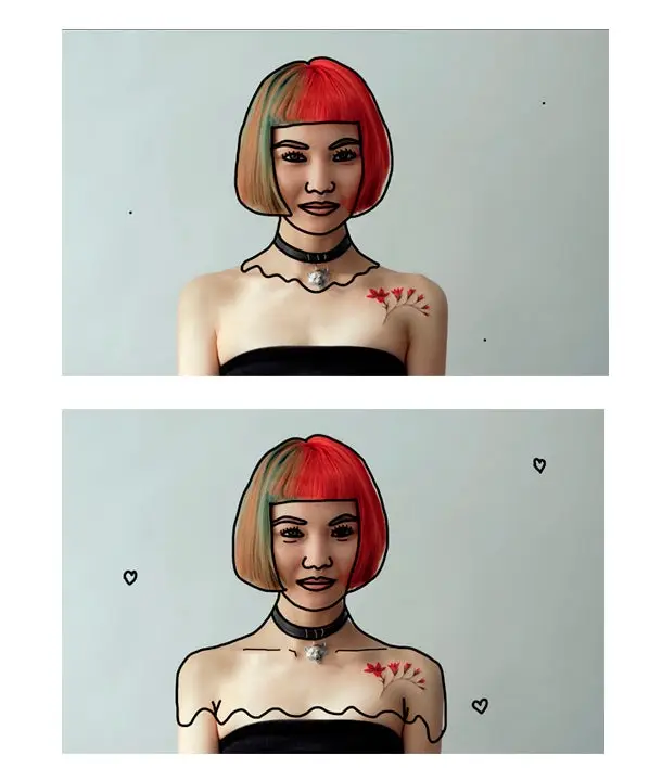 2 fotografias de una mujer joven con trazos en su rostro y cuerpo para la creacion de un gif animado 