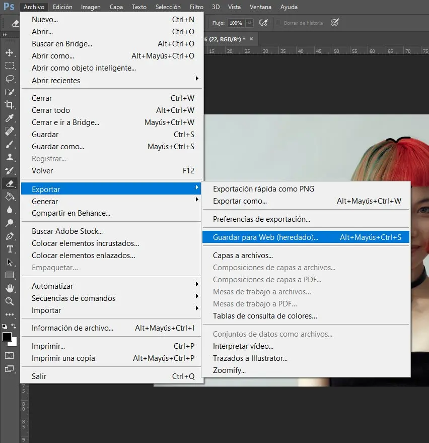 Interfaz photoshop proceso de exportacion de un proyecto finalizado