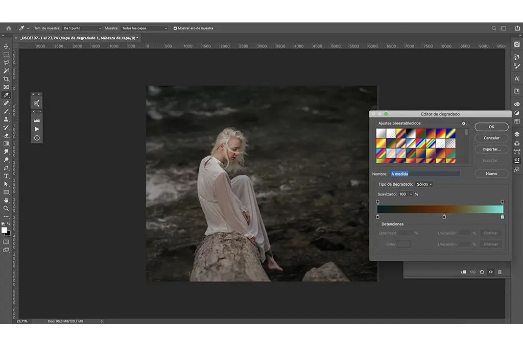 interfaz photoshop editor de degradado en edicion imagen de una joven sentada sobre una roca