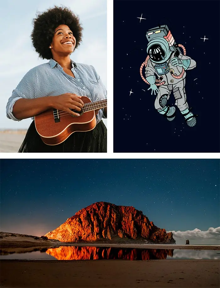 3 imagenes en una superior izquierda una mujer tocando el ukelele a su derecha la ilustacion de un astronauta y debajo de ellas una montaña de rocas en el atardecer