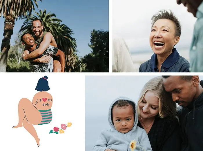 cuatro imagenes en una en la superior izquiera una pareja de amigos sonriendo a su derecha la imagen de una mujer asiatica sonriendo debajo la ilustracion de una mujer dando la espalda y al lado derecho una familia con su bebe