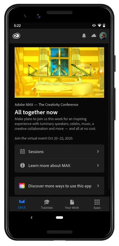 Captura de pantalla de MAX en la aplicación móvil Creative Cloud en Android. 