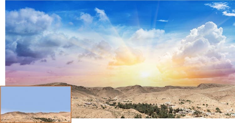 reemplazo del cielo con colores azul, amarillo y rosa en una fotografia del desierto