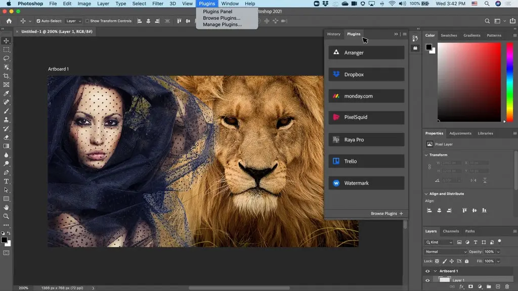 edicion de dos imagenes en photoshop la primera una mujer con un turbante sobre su rostro y al lado un leon