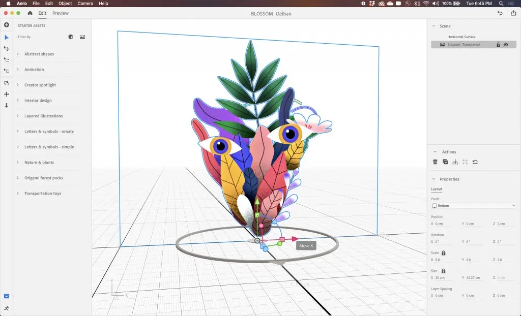 Mesa de trabajo Adobe Aero en ejecucion la creacion de un personaje con plantas formando un rostro humano