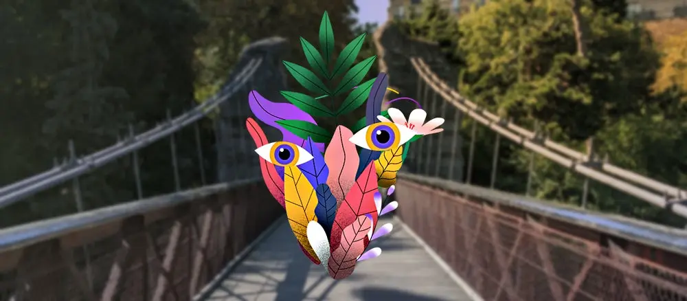 ilustracion de unas hojas con forma de rostro humano sobre un puente, realidad aumentada