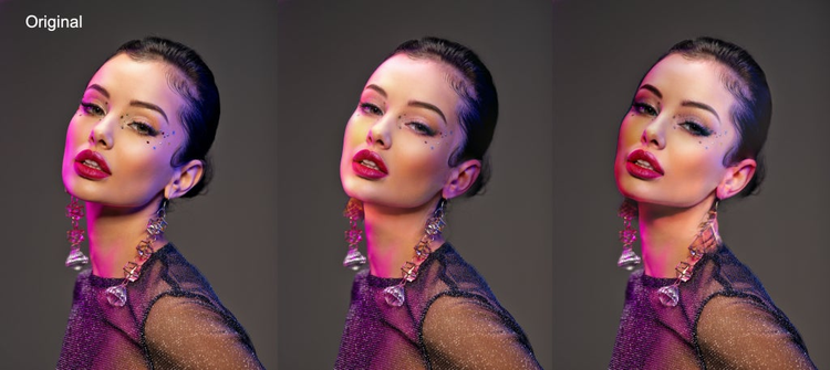 tres fotografias de la misma mujer con una expresion de satisfaccion en su rostro