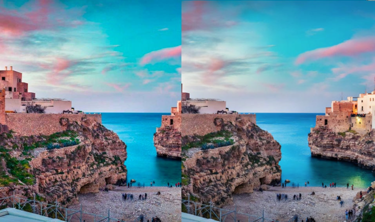 fotografia de una playa con dos montañas a los lados del mar acomppañado de colores azules y morados en el cielo