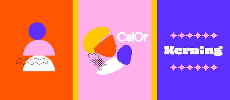 Ilustracion dividida en tres colores naranja, rosado, y purpura, sobre estos colores el dibujo de un usuario, una paleta de colores y diamantes, trucos de Adobe IIlustrator