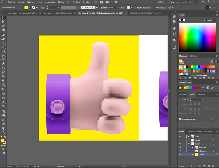 proceso final de la ilustracion de una mano humana en la mesa de trabajo de illustrator con efecto pixel