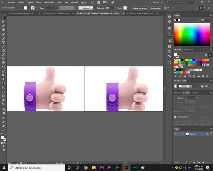 dos ilustraciones de una mano humana en la mesa de trabajo de illustrator imagen derecha pixelada imagen izquierda normal