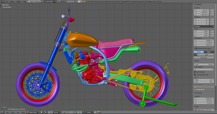 render motocicleta seccionado por colores