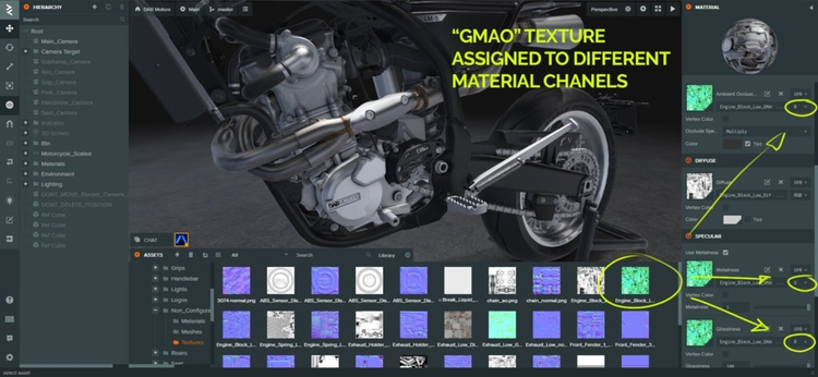 texturas para los materiales de piezas de motocicleta, Combinado de texturas en diferentes canales como GMAO.