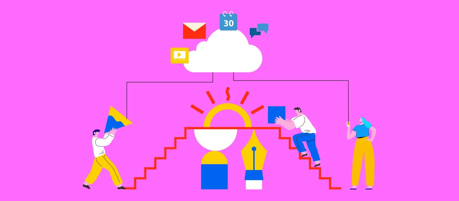 Ilustracion de 3 personas trabajando y subiendo una escalera y realizando un backup en la nuve con la ayuda de creative cloud