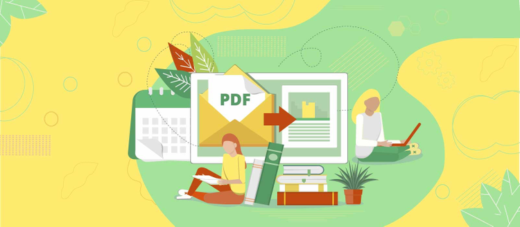 ilustracion de dos mujeres sentadas leyendo un PDF y detras de ellas un documento con un PDF interactivo