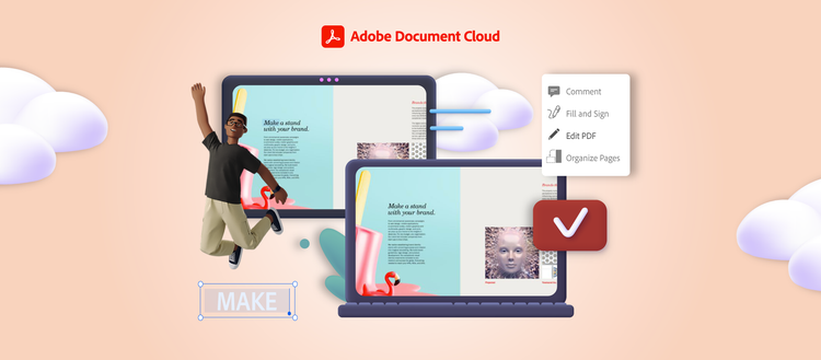 Ilustracion de una tablet y un computador con un archivo PDF abierto, enfrentre un joven saltando de emocion