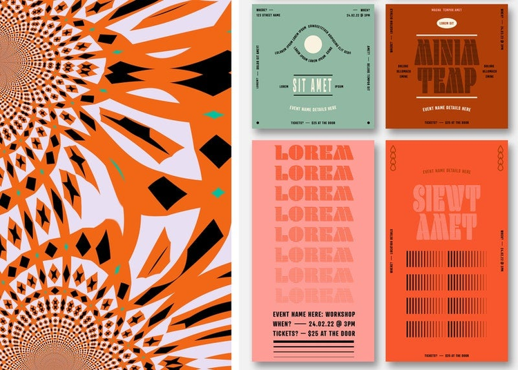 Patrón fractal psicodélico naranja y púrpura junto a diseños de publicaciones de redes sociales retro con texto en degradados y curvas. 