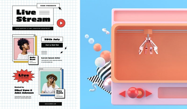 Plantilla de evento de streaming en vivo con flechas y botones web en la cuadrícula junto a una representación en 3D rosa de una máquina arcade con formas flotantes