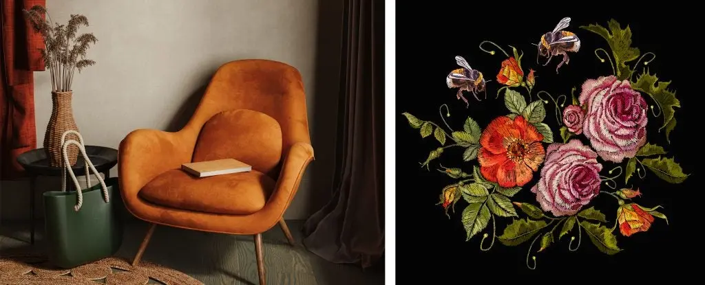 Representación en 3D de un sillón naranja, un bolso verde y plantas secas en un jarrón de mimbre junto a flores bordadas y hojas con abejas.