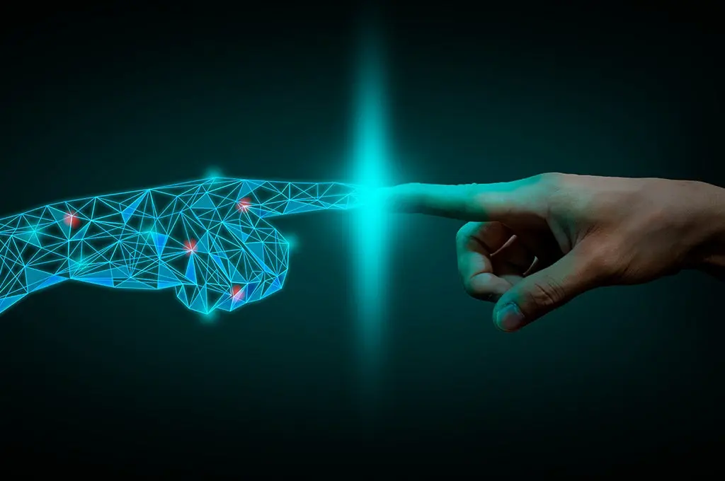 ilustracion de una mano humana con formato virtual señalando con su dedo indice a otra mano humana en el centro una explosion de color azul